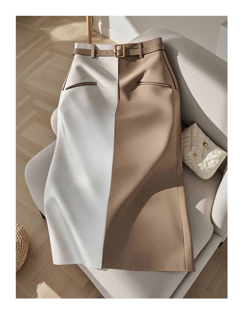 Îmbrăcăminte de damă popular șic unic draperie frumoasă cu talie înaltă, subțire, dreaptă, mică, culoare contrastantă, pentru femei, la începutul toamnei_voghion.com