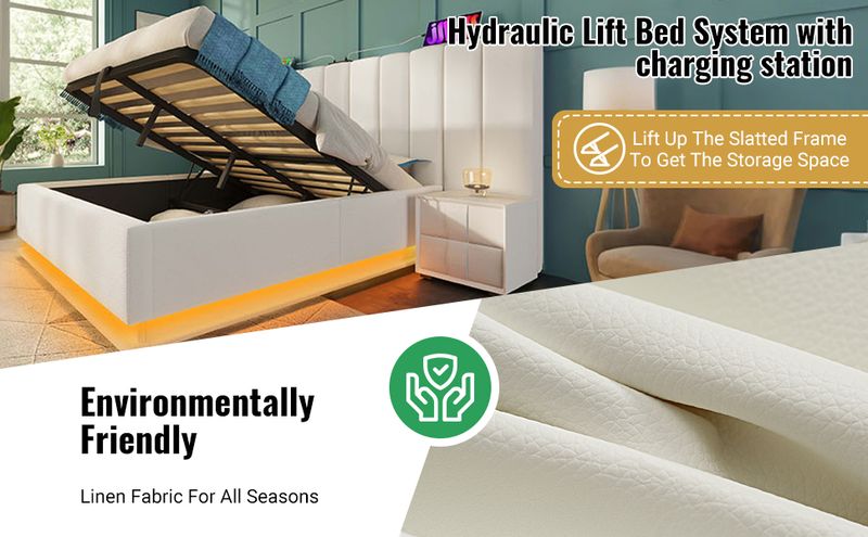 Lit double 160 x 200 cm avec rangement intégré, éclairage LED et recharge USB-C via application, sommier à lattes et matelas inclus, similicuir, blanc_voghion.com