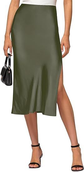 Elegant High-Waist Satin Slit Pencil Skirt - Stretchy Midi Skirt For Women Office To Evening Wear Plus Size Available_voghion.com