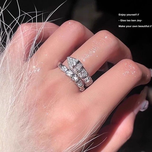 Explosiver Schlangenring, Silber, offenes Quadrat, Diamanttextur, Flash Advanced Light Luxury Cool Cold Wind Ring Tide_voghion.com
