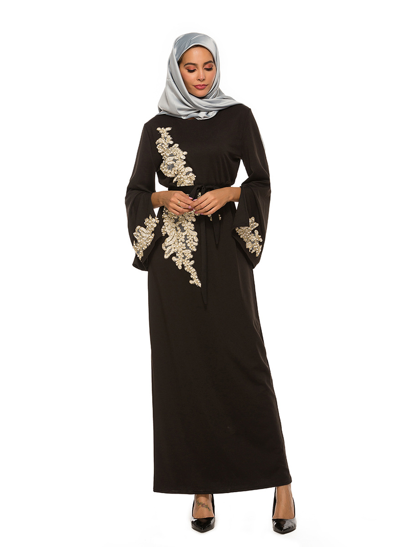 Damenbekleidung im neuen Stil, elegant, bestickt, langer Rock, Spitze, Perlen, Trompetenärmel, Schnürrock_voghion.com