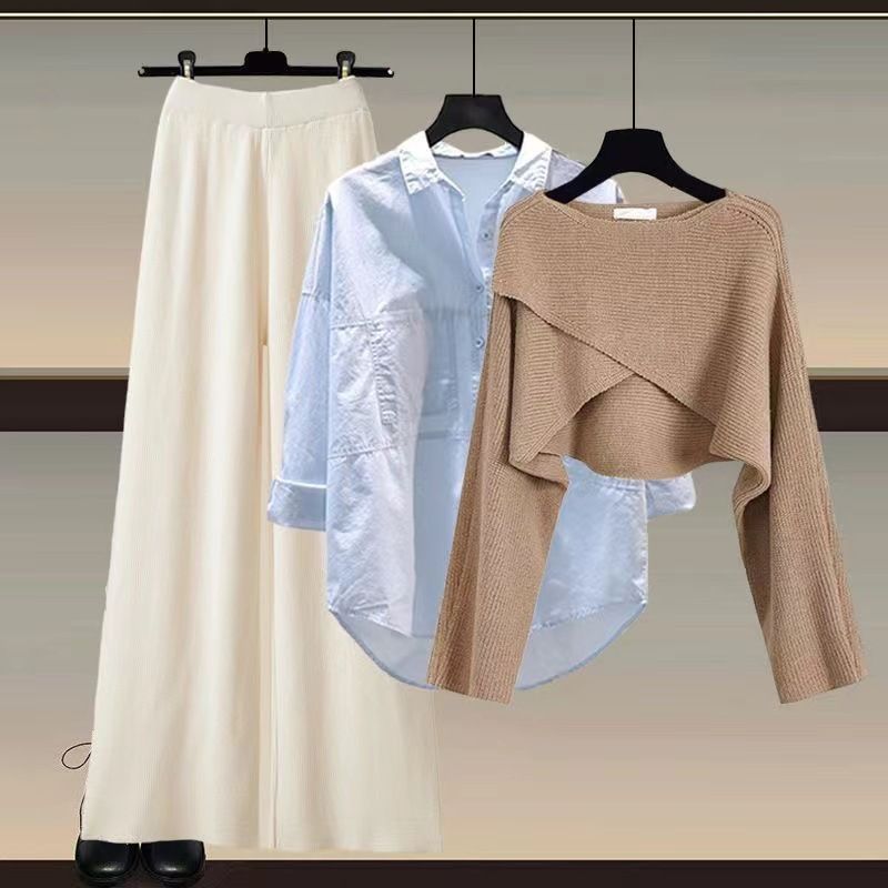 Dameskleding Gebreide trui, shirt, wijde pijpen, driedelig pak_voghion.com