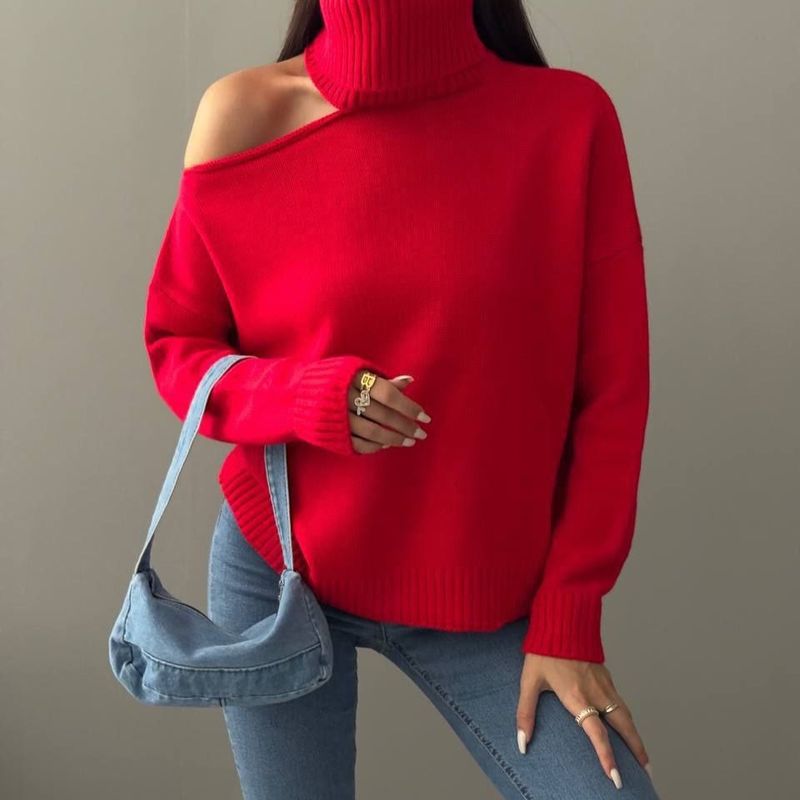 Women's Clothing 2024 autumn new women's clothing pure desire style off shoulder half high collar slim all match knitted sweater_voghion.com