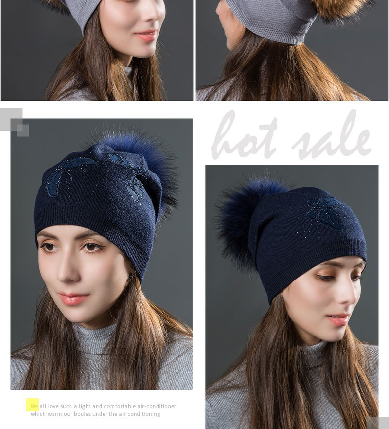 Women's Winter Fur Raccoon Ball Warm Hot Diamond Hollow Butterfly Knitted Versatile Fashion Pullover Hat_voghion.com