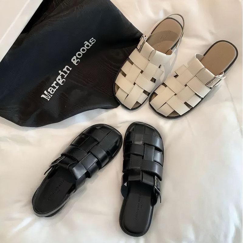 Sheepskin Version Su Yinyin Covers Up Ugliness, Real Leather Bag Head, Half Drag Woven Hollow Flat Roman Sandals,_voghion.com