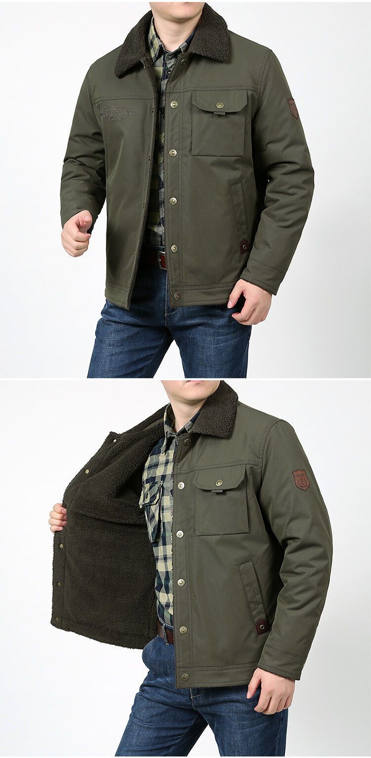 Men's Fleece-Lined Winter Jacket With Sherpa Collar - Windproof Cotton Blend Coat For Outdoor & Casual Wear (Khaki, Army Green, Navy Blue)_voghion.com