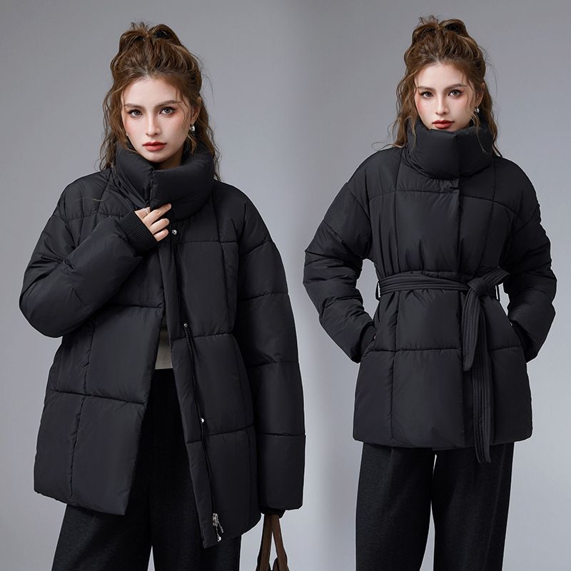 Women's Clothing Winter Coat With Belt – Oversized Stand Collar Jacket (Loose Fit, Mid-Length, 4XL Sizes)_voghion.com