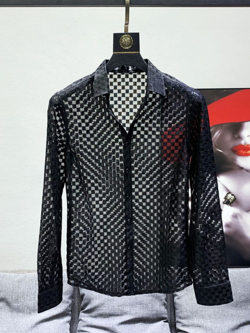 Camicia a scacchiera traforata da uomo, versione coreana, in mesh traspirante, con fodera alla moda, vestibilità slim._voghion.com