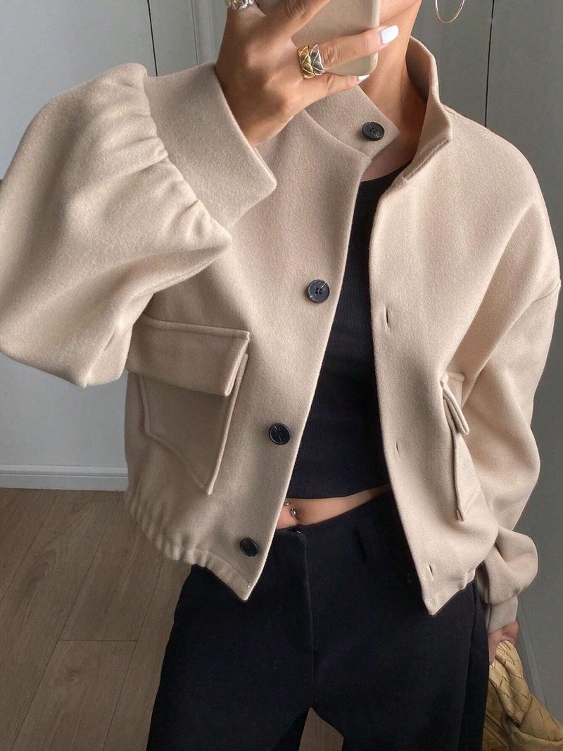 Women's Clothing Autumn Winter Women's Casual Short Wool Blend Coat With Stand Collar & Single Button Closure, Loose Fit, Long Sleeve, Outerwear_voghion.com
