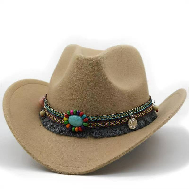 Cappello semplice a tesa rovesciata, cappello jazz in lana, cappello a cilindro stile inglese, cintura stile etnico, cappello da cowboy Western tinta unita_voghion.com