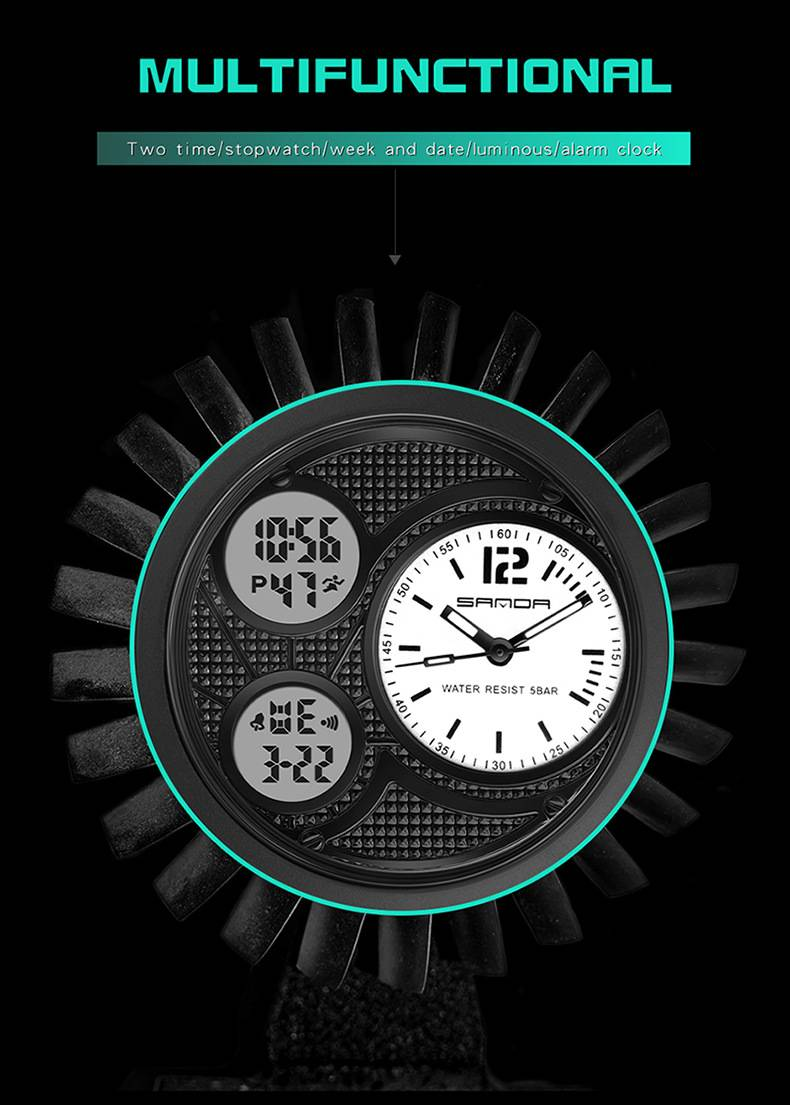SANDA LED Digital Sport Watches 50m Waterproof Electronic Wristwatch Three Time Display Quartz Watch for Men Alarm Clock_voghion.com