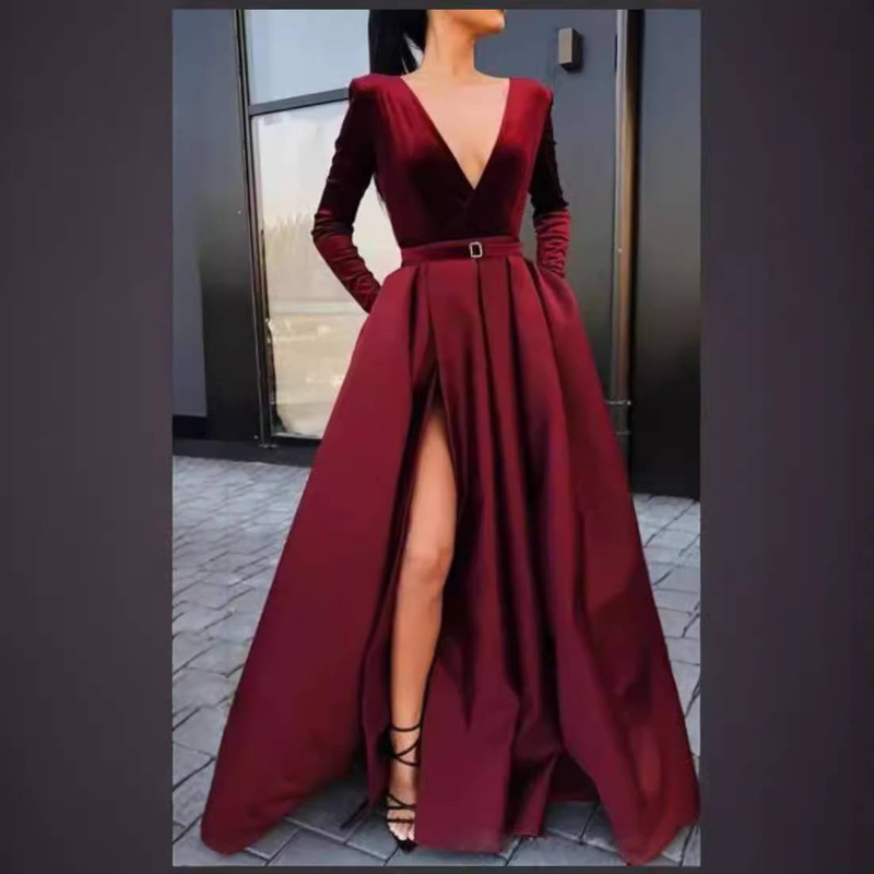 Damenbekleidung Neues Damenkleid, tiefes V-Ausschnitt, langärmliges Kleid mit großem Schlitz und elegantem langen Rock für Damen_voghion.com