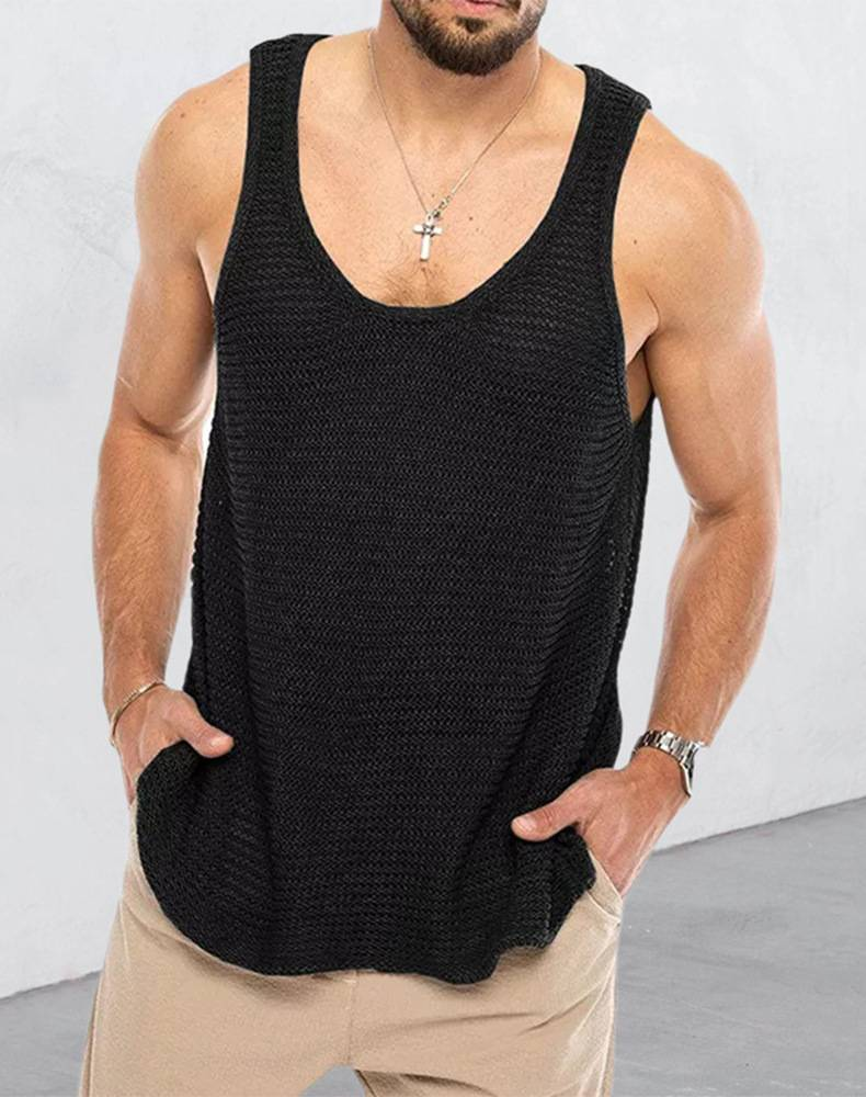Sommer Herrenmode Casual Top Ärmelloses Strick Einfarbig Pullover Weste_voghion.com
