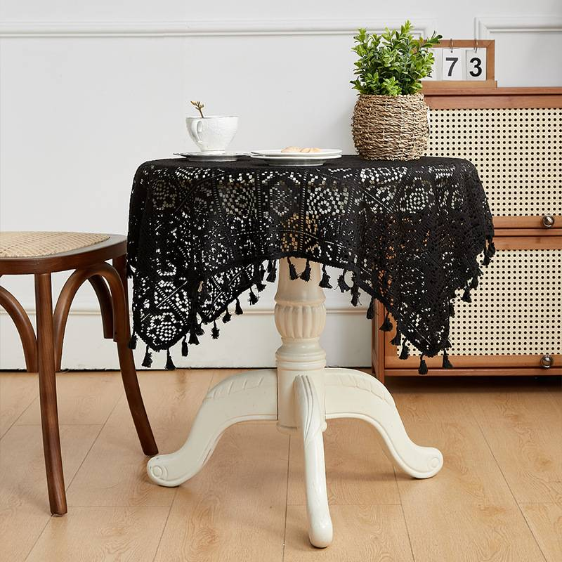 Vintage Geometric Crochet Tablecloth Rectangular Cotton Blend Non-Slip For Dining Coffee Table Farmhouse Decor (60x60 To 150x305cm, Beige/Black)_voghion.com