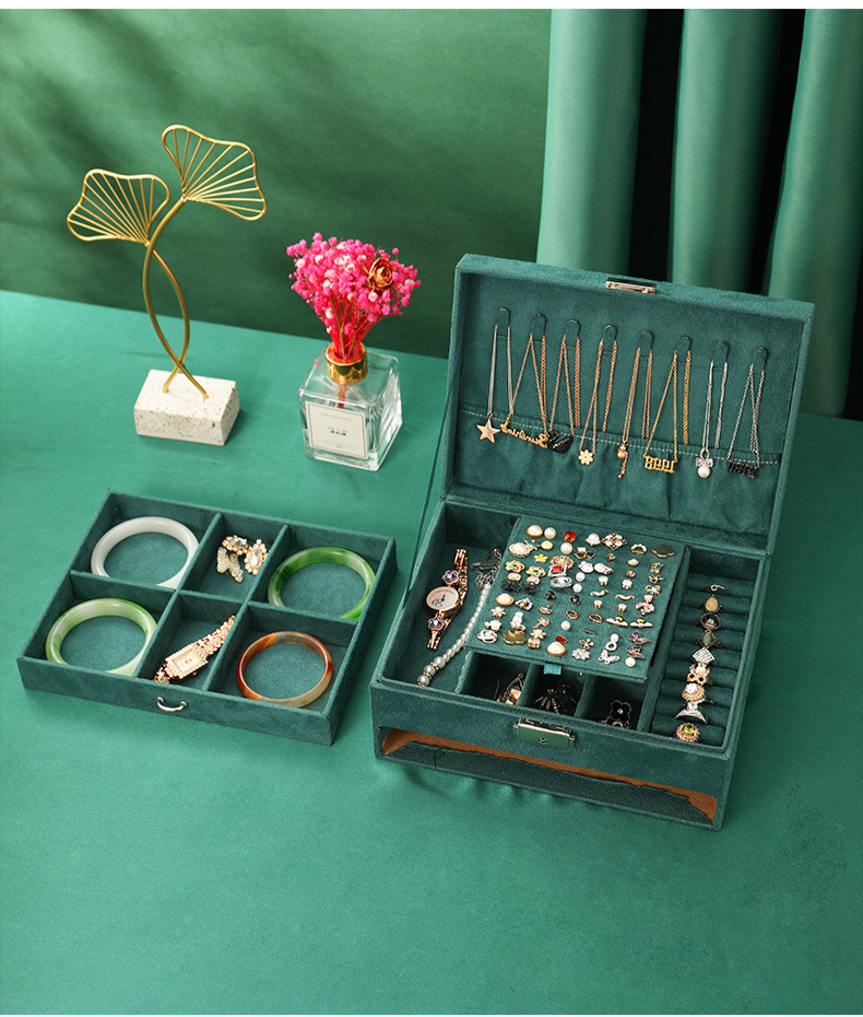 Vintage Velvet Jewelry Box With Multiple Layers - Large Capacity Storage For Rings, Necklaces & Earrings - Elegant Dark Green Cloth Organizer_voghion.com