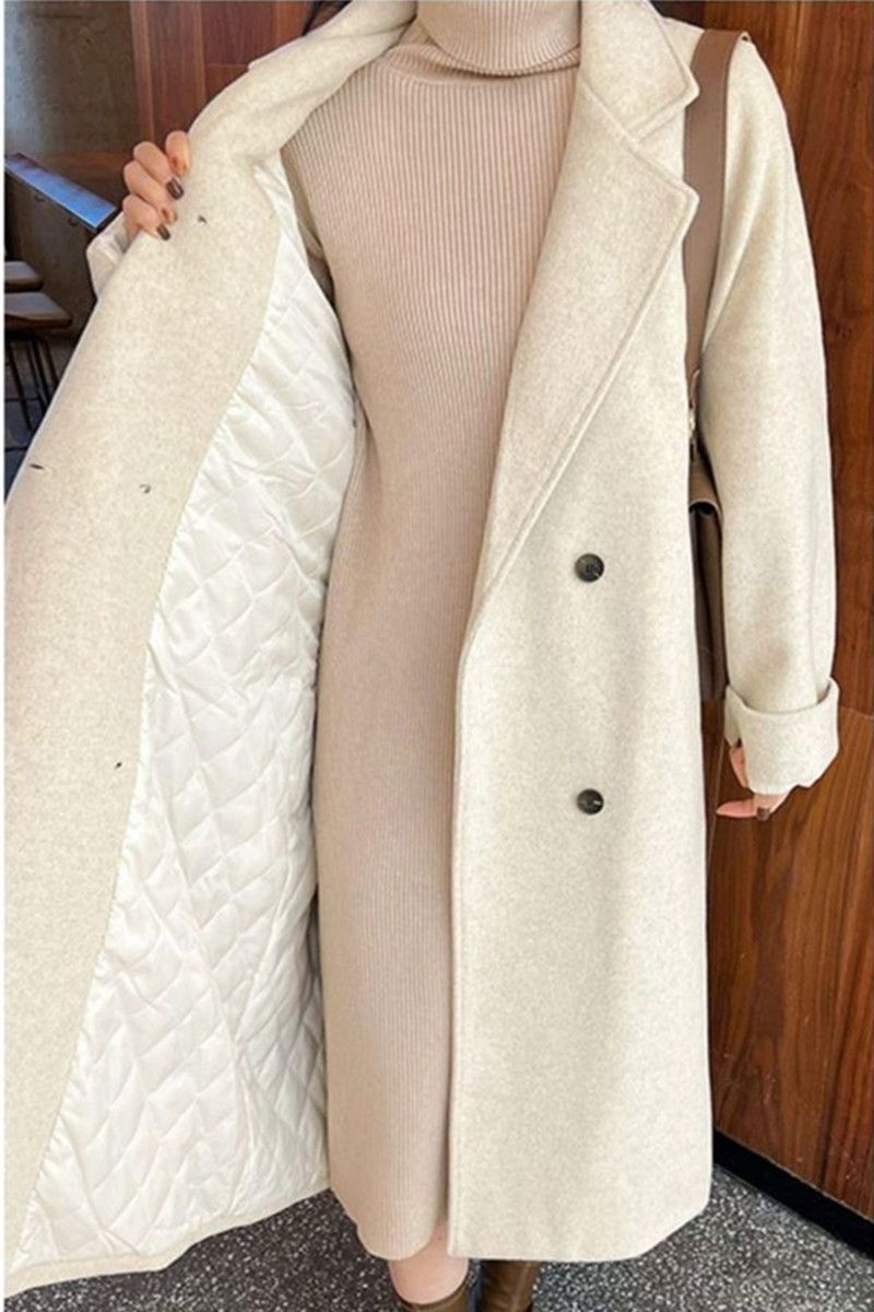 Damenbekleidung in Übergröße, warmer Mantel aus Wollmischung mit Reverskragen und Fleecefutter – fließender, mittellanger Wintermantel für Damen (Schwarz/Beige)_voghion.com