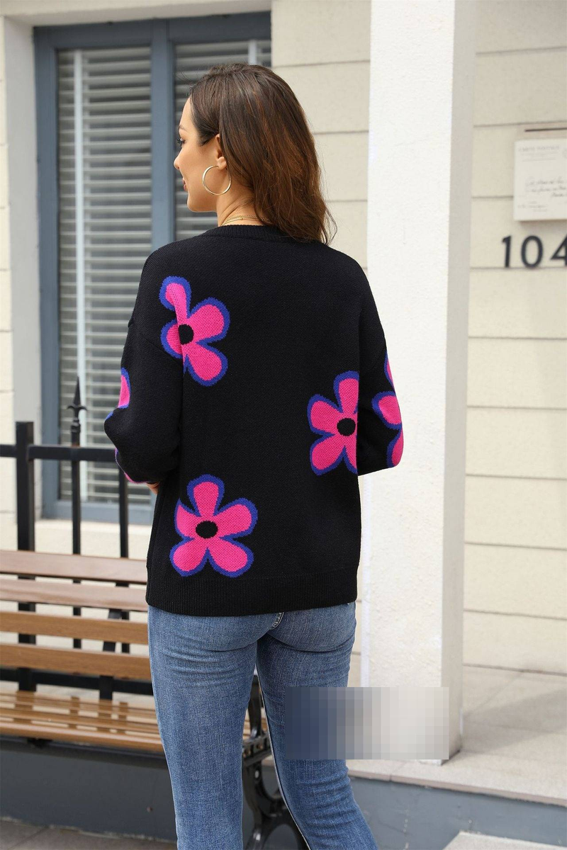 Damenbekleidung, Blumen-Jacquard-Strickpullover, Oversize-Pullover mit lockerer Passform, Rundhalsausschnitt, Farbblock, lässiges Oberteil_voghion.com