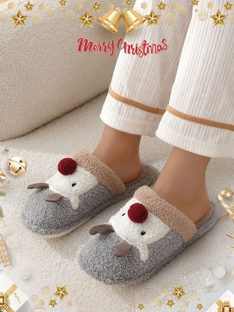 Süße Weihnachts-Rentier-Baumwoll-Hausschuhe für Frauen, Wintermode-Hausschuhe, rutschfeste Paar-Hausschuhe_voghion.com
