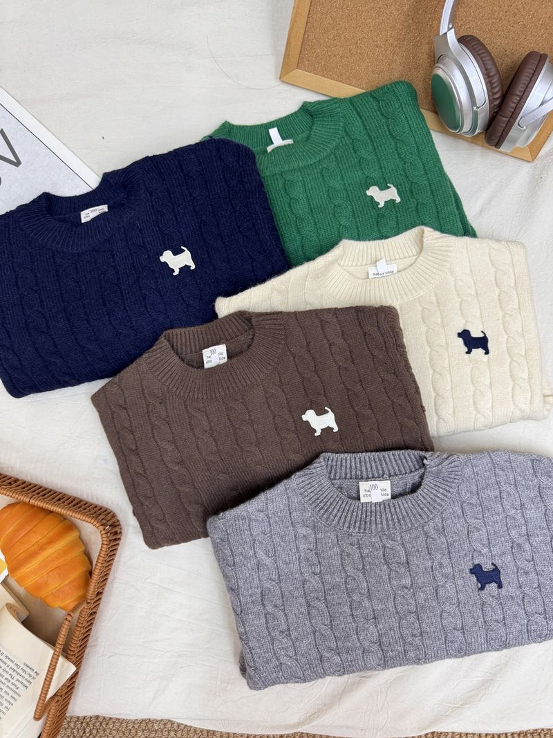 Pull enfant automne hiver garçon et fille couleur unie broderie chiot ample et chaude en maille torsadée style bébé tendance_voghion.com