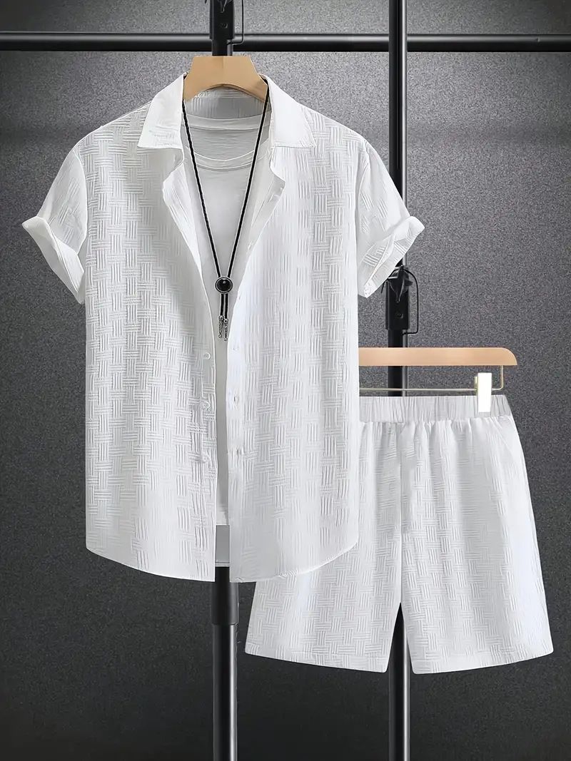 Men's Clothing Summer Jacquard Black And White Solid Color Suit Short Sleeved Men's Vacation Casual Style Shirt Shorts Two Piece Suit_voghion.com