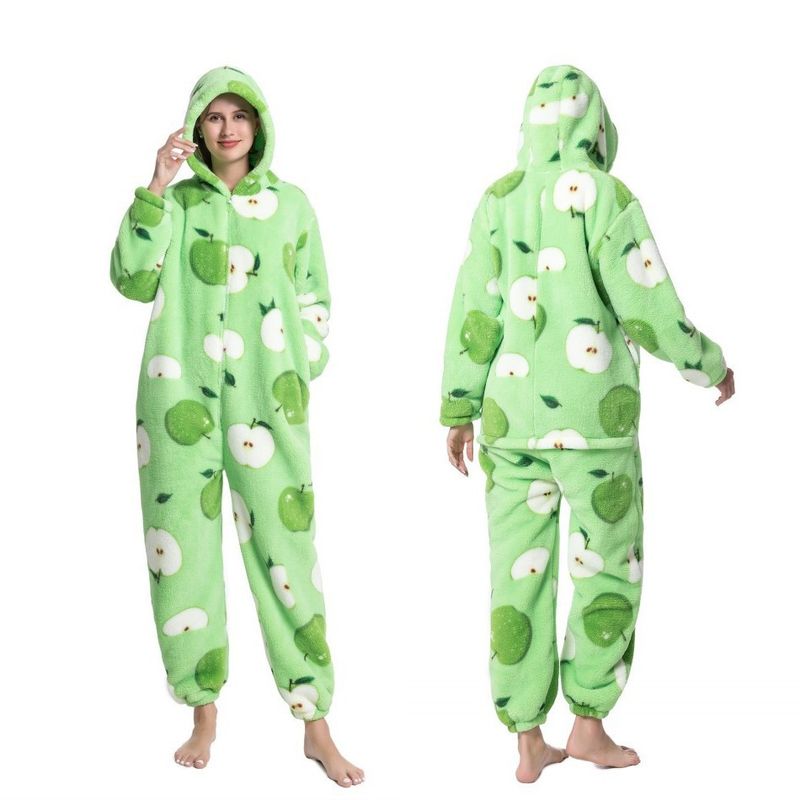 Nuovo pigiama intero in flanella con motivo a cartoni animati, in morbido cotone spesso color avocado, per coppie, da casa_voghion.com