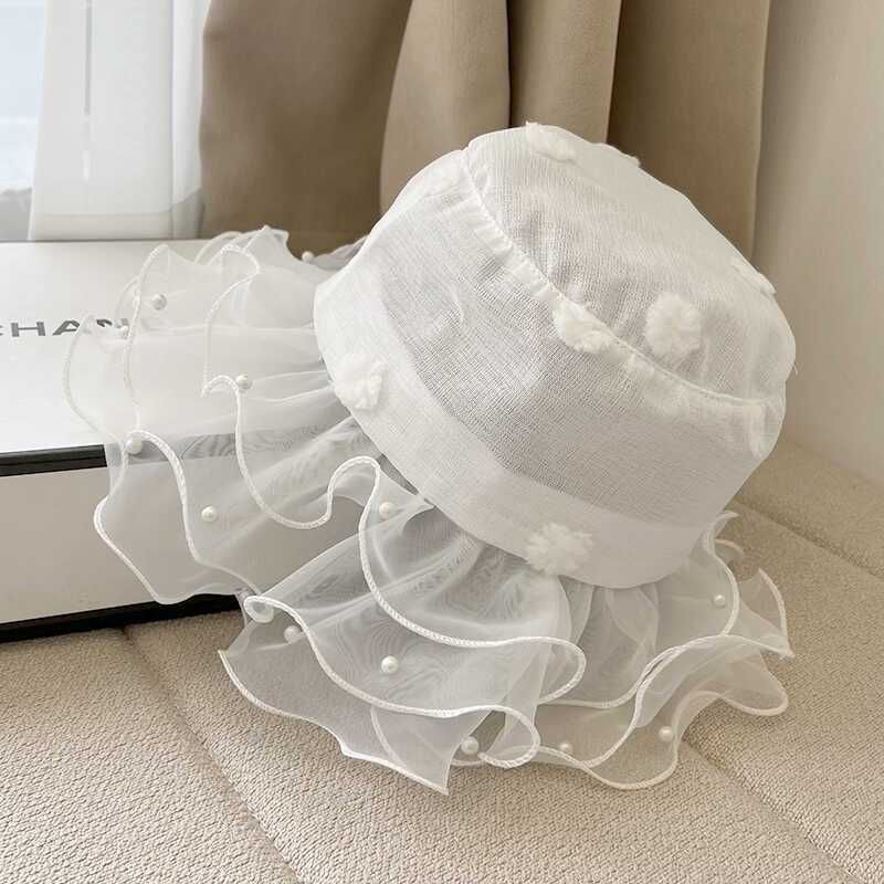 Cappello da pescatore con bordo piccolo Loli Pearl per bambini, da viaggio per scattare foto, parasole estivo, sottile, in rete, ondulato e traspirante, con bacino._voghion.com