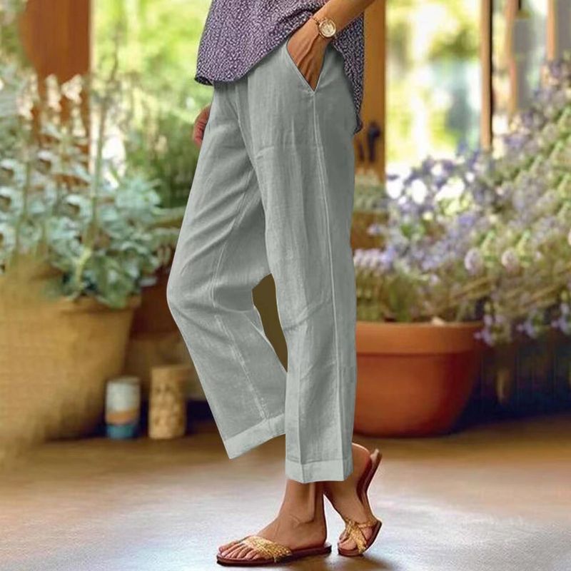 Muslim Women's Cotton And Linen Loose Solid Color Elastic Waist Pocket Straight Casual Pants_voghion.com
