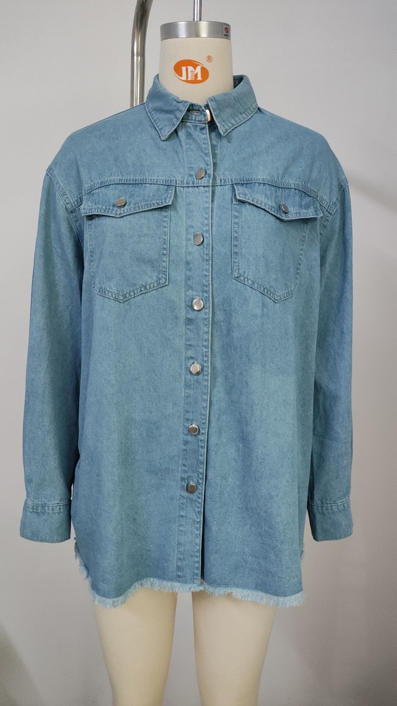 Abbigliamento da donna Top a maniche lunghe in denim con bordo grezzo lavato e revers_voghion.com