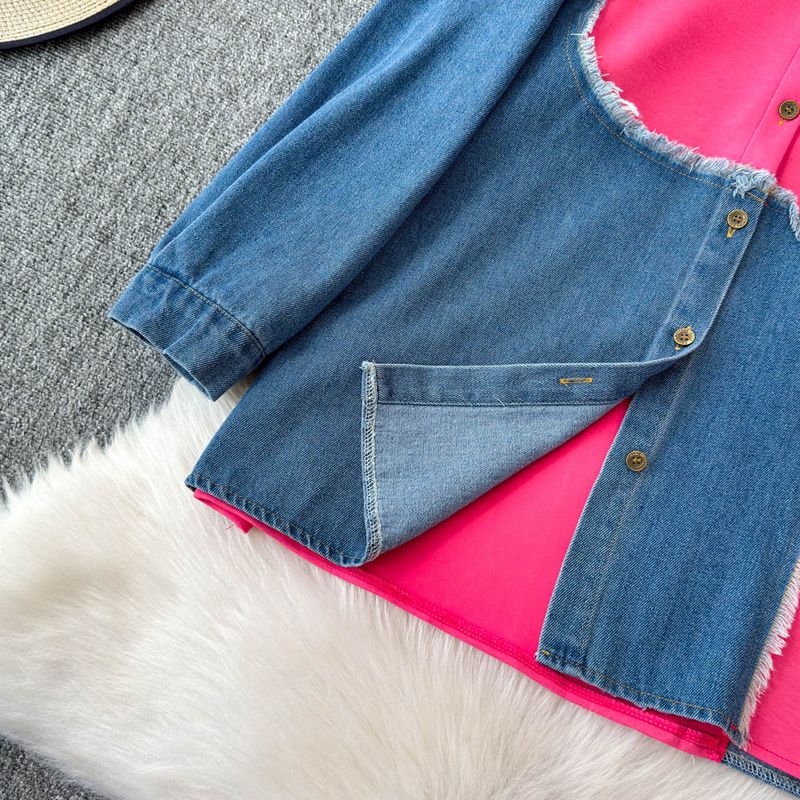 Damenbekleidung Designer-Jeanshemd mit Revers und Patchwork-Muster, langärmeliges Oberteil, Anzug für Frauen, hohe Taille, schmale, farblich passende Hose mit weitem Bein, zweiteiliger Anzug_voghion.com