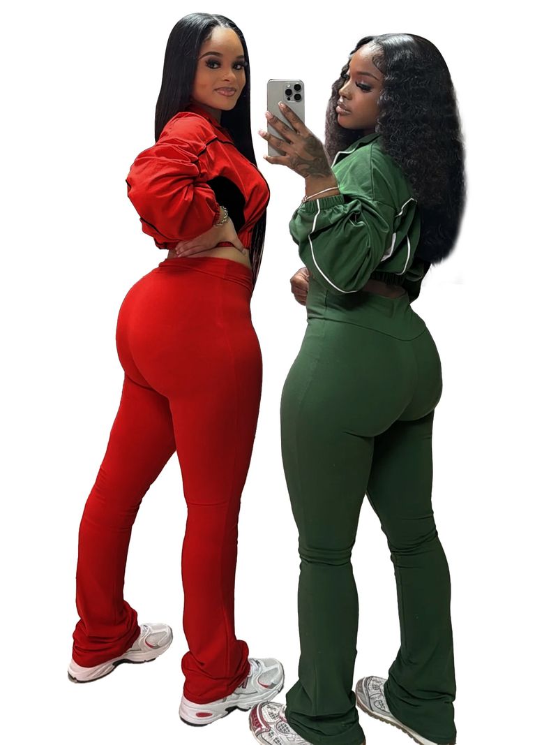 Women's Stylish Two-Tone Contrast Stitching Zip-Front Flared Pants Set – Trendy Office & Casual Outfit_voghion.com