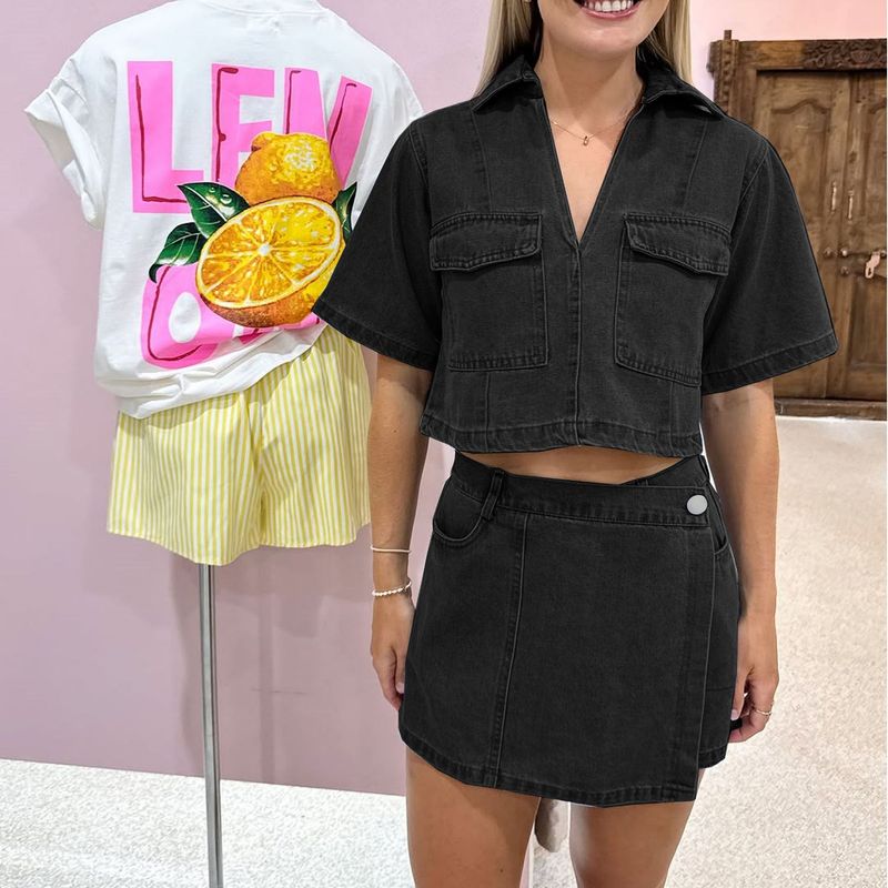 Workwear Denim Suit Skirt Pants V-neck Short Sleeve Top Summer Women Hot Girl High Waist Irregular_voghion.com