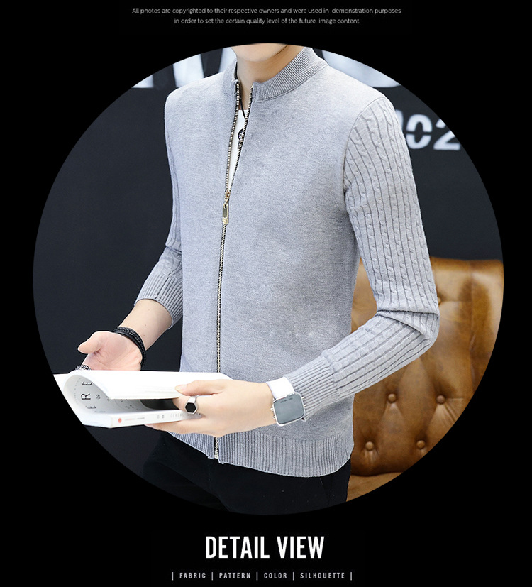 Men's knit cardigan slim stand collar zipper coat solid color sweater for men_voghion.com