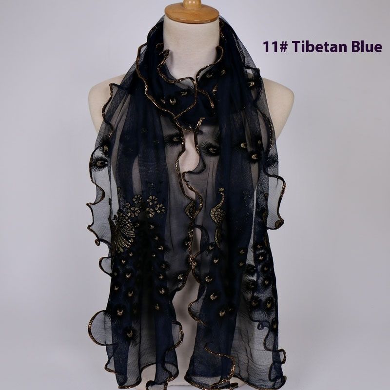 Peacock Plush Breathable Long Scarf With Gold Foil And Lace Edging For Women_voghion.com