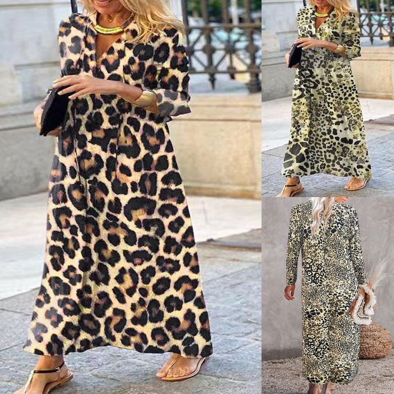 Women's Clothing Temperament Long Sleeved Leopard Print Long Sleeve Shirt Dress - Stylish V-Neck A-Line Tunic For Casual Wear (Yellow, Dark Brown)_voghion.com