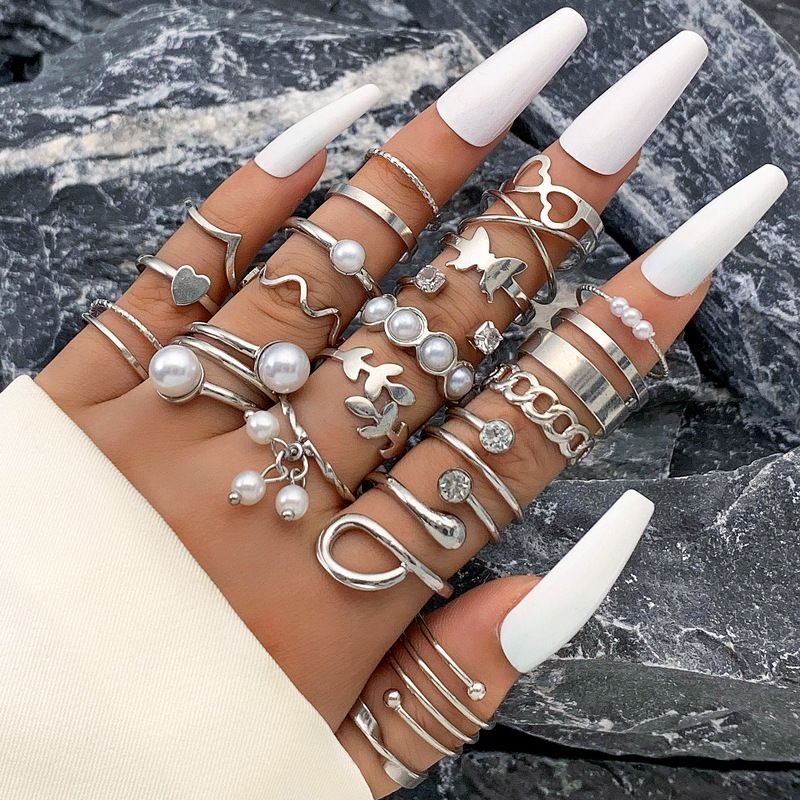 Nuevo anillo versátil de moda con forma de corazón y hoja, con personalidad geométrica, apilable, para nudillos, conjunto de varias piezas_voghion.com