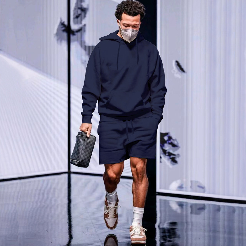 Streetwear männer Zwei Stück Sets Hoodie Langarm Einfarbig Fleece Trainingsanzüge Mit Kapuze Sweatshirt Und Shorts Anzüge Männer Outfits_voghion.com