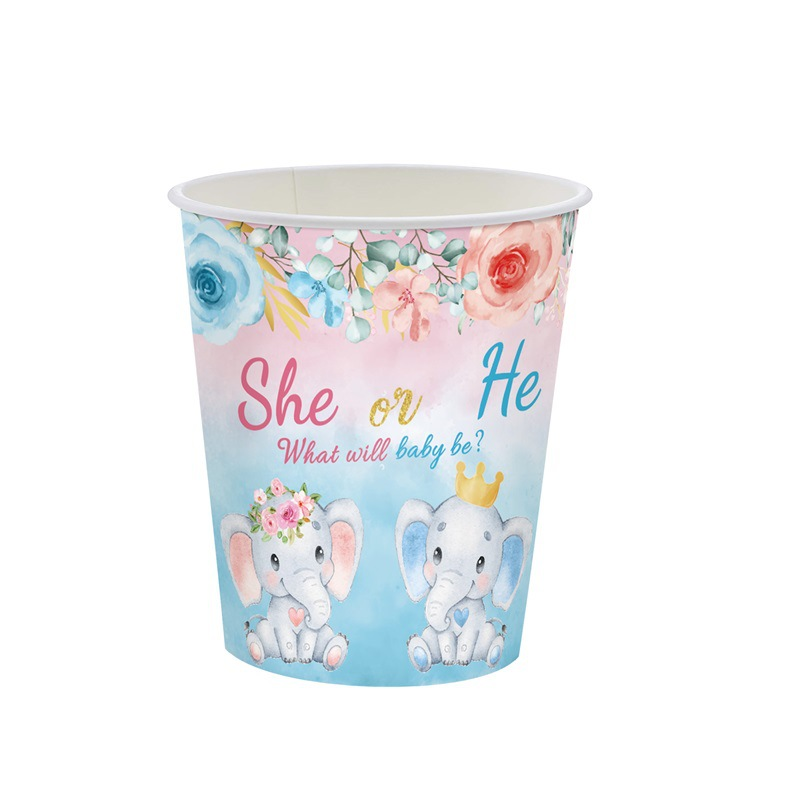 New Gender Reveals Baby Battesimo Tema Elefante Forniture per feste di compleanno Bicchiere di carta, fazzoletto di carta, piatto di carta, set di stoviglie_voghion.com