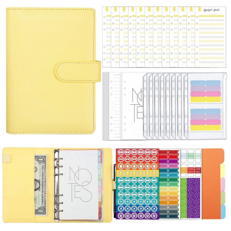 A6 Macaron notitieboek met leren look – budgetplanner met 12 kaarten, 8 ritsvakken, 45 gelinieerde pagina's, 14 maandelijkse planners_voghion.com