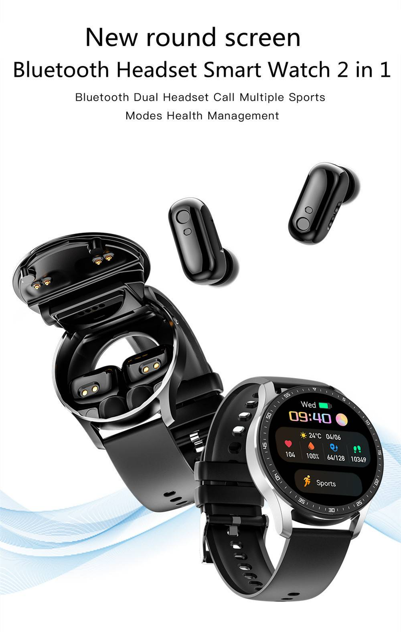 Reloj inteligente con auriculares, 2 en 1, TWS integrado, inalámbrico, Bluetooth 5.0, monitor de salud y fitness, color negro_voghion.com
