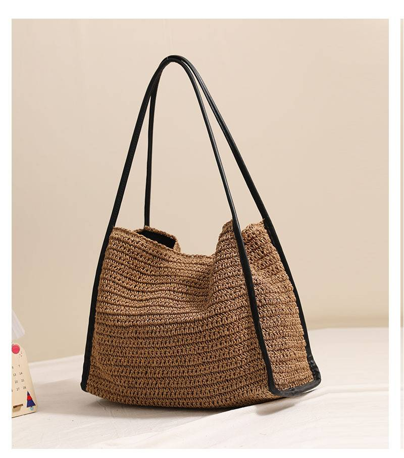 Strohtasche mit großer Kapazität, Strandtasche für Damen im Urlaub, modische einzelne Schultertasche_voghion.com