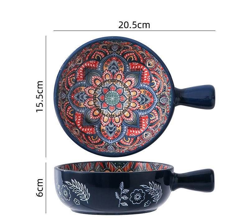 Bohemian Ceramic Dinnerware Set - Hand-Painted Stone Pattern Bowls & Plates, Vintage Blue Wave Design For Home Dining,_voghion.com