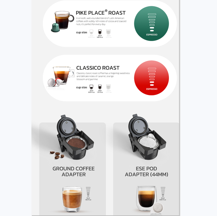 PSH1B-WH 1450W Espressomaschine, 6-in-1 Kapselkaffee, automatischer Heiß-/Kalt-Espresso, 20 Bar Kaltbrühfunktion, italienischer Kaffee, 600L Wassertank_voghion.com