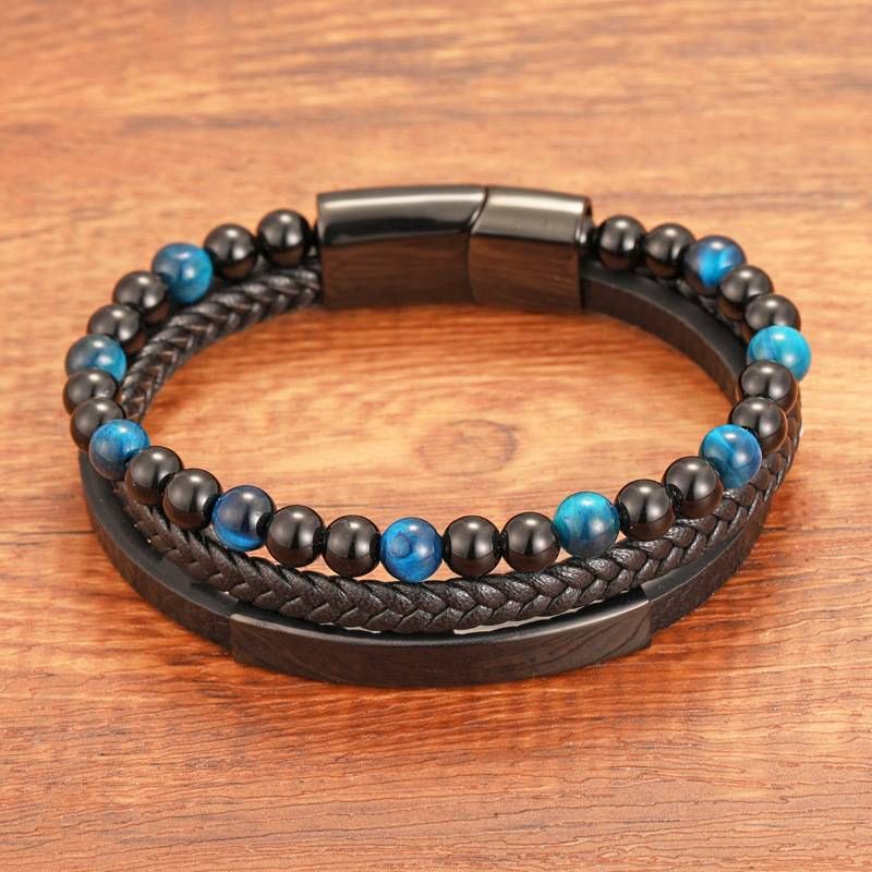 Men's Braided Multi-Layer Black Genuine Leather Bracelet With Natural Tiger Eye Stone, Magnetic Closure, Handcrafted Chain Link Cuff_voghion.com