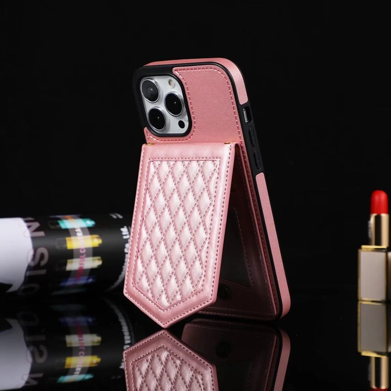 Funda de cuero con etiqueta lateral de espejo y pequeña fragancia para iPhone 15 Pro, 14 con cordón ajustable._voghion.com