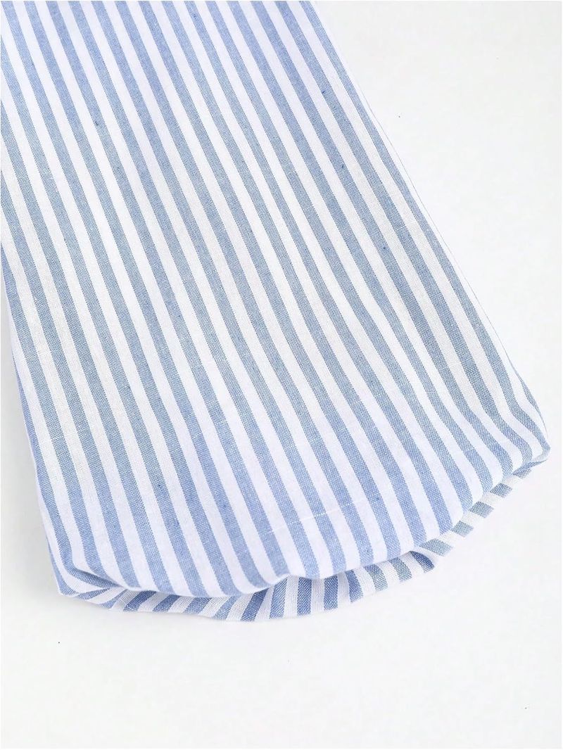Women's Clothing Striped Front Tie Up Trumpet Sleeve Deep V Neck Elegant Ruffle Top_voghion.com