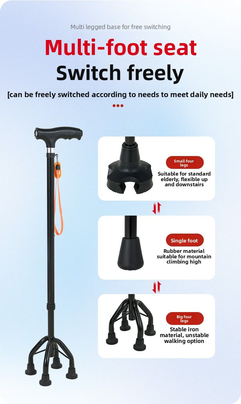 Bastone da passeggio telescopico multifunzionale a quattro gambe in lega di alluminio Lefu per anziani con canna leggera antiscivolo_voghion.com