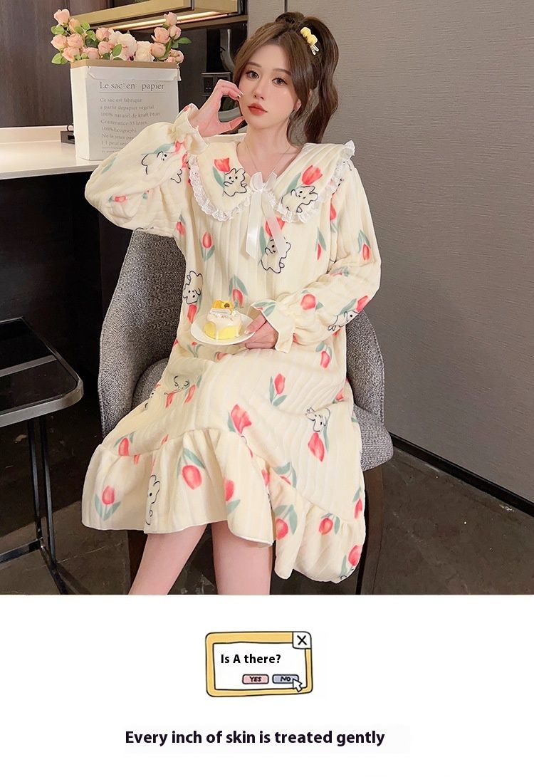 Vêtements de nuit en velours Water Shao pour femmes 2023 Hiver Sweet Ins Jupe de nuit à manches longues mi-longue avec graisse et grande taille_voghion.com