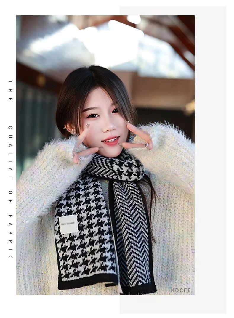Sciarpa pied de poule per donna, invernale, nuova, lavorata a maglia su entrambi i lati, calda, coreana, per studenti, spessa, scaldacollo di alta qualità._voghion.com