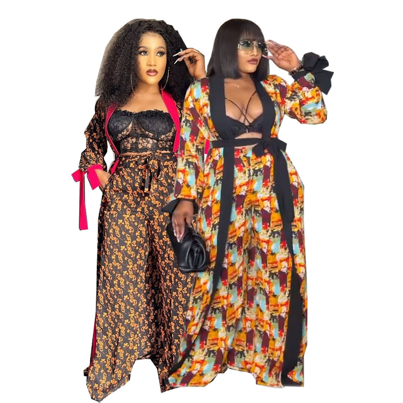 Women's digital printed suit with cape and robe paired with printed loose wide-leg pants and trousers with belt_voghion.com