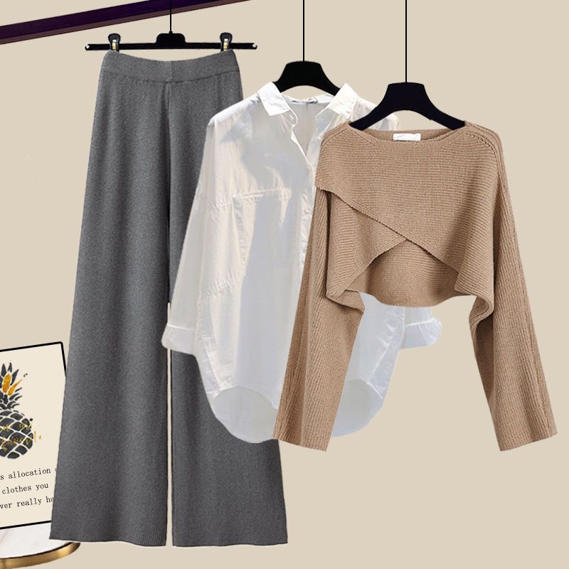 Women’s Clothing Fashion autumn suit women sweater women new large size women's shirt wide leg pants three piece knitted slim_voghion.com